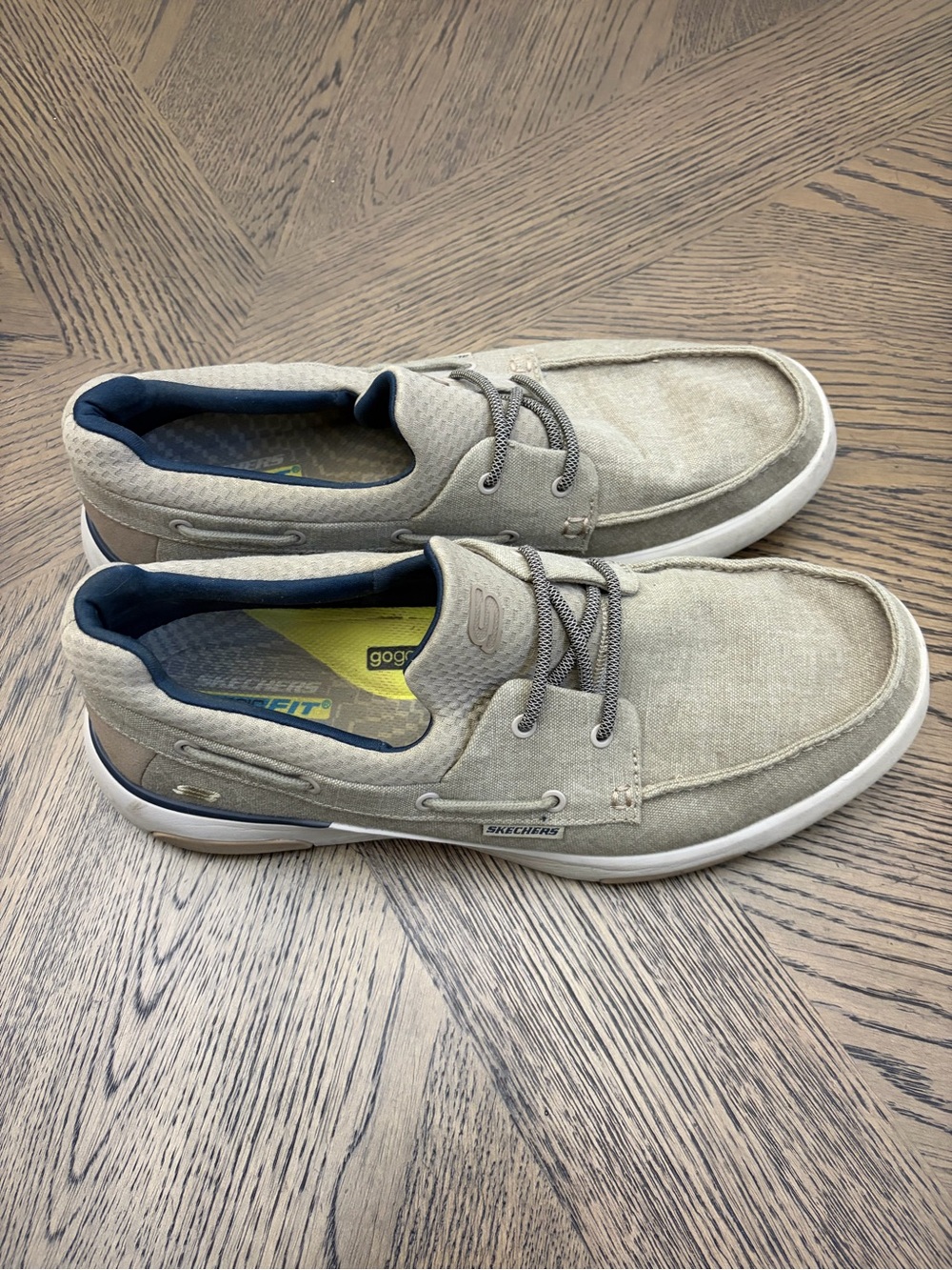Skechers Men's Taupe Canvas Boat Shoes with Navy Trim